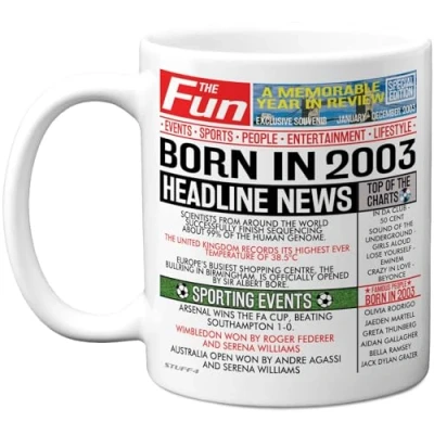 Image of Stuff4 21st Birthday Mug Gift for Men Women Born in 2003 Newspaper Happy 21 Gifts Son Daughter Cousin Vintage Retro Back Age Twenty One Bday, 11oz Ceramic Coffee Mugs