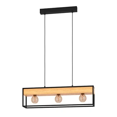 Image of EGLO Hanging light Libertad 1, length 76 cm, black/wood, 3 bulb.