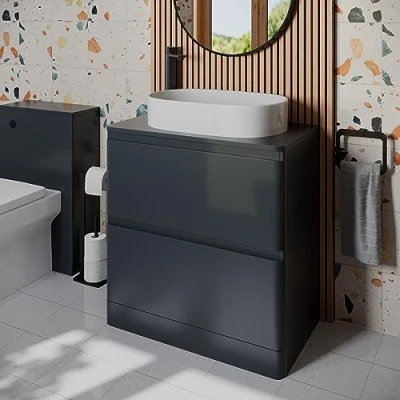 Image of Affine® 800mm Vanity Unit Bathroom Floor Standing Storage Cabinet Cupboard Cloakroom, Soft Close Drawers, Lorient White Countertop Basin Sink, Anthracite Matt
