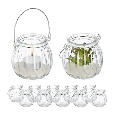 Image of Relaxdays Candle Lanterns, Set of 12, with Handle, Round Glass, Tealight Holders, 7.5 x 8 cm, Indoors &amp; Outdoors, Clear
