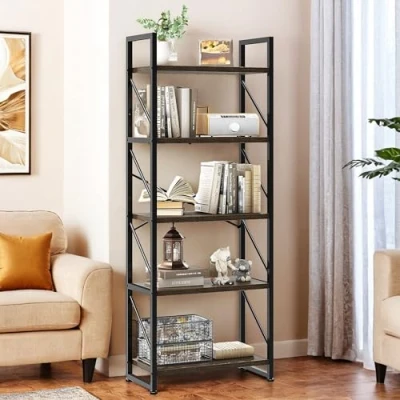 Image of YITAHOME Bookshelf, 5 Tiers Bookcase Tall Book shelf with Metal Frame, Industrial Display Storage Rack, Shelving Units for Living Room Bedroom Home Office Kitchen, Grey Shelves