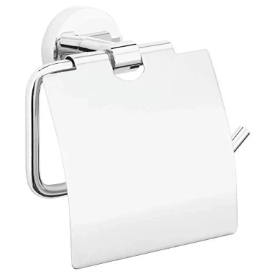 Image of tesa EXXCELENT Toilet Roll Holder with Lid Wall Mounted Paper Power.Kit Technology in Stainless Steel Design Waterproof, incl. Adhesive Solution 140mm x 138mm 52mm