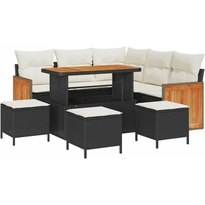 Image of vidaXL 9 Piece Garden Sofa Set with Cushions Black Poly Rattan Acacia