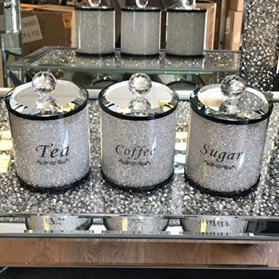 Image of TOV® Diamond Crushed Tea Coffee Sugar CANISTERS Jars Storage Silver Trimmings Crystal Filled (Black/White)