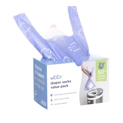 Image of Ubbi Disposable Nappy Sacks, Lavender Scented, Easy To Tie Tabs, Baby Diaper Disposal or Pet Waste Bags, Value Pack, 400 Count