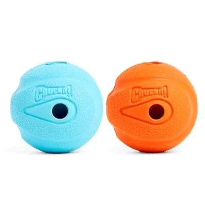 Image of ChuckIt! The Whistler Ball, Durable High Bounce Rubber Dog Launcher Compatible, Orange &amp; Blue, Medium, 2 Pack