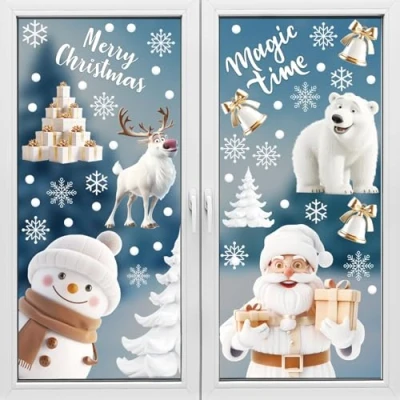 Image of Joyoldelf Christmas Window Stickers 9 Sheets Cling Decoration, Decal White Stereo Static Sticker for Xmas Display Decoration