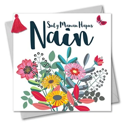 Image of Claire Giles Tassel Embellished Welsh Language Mother&#039;s Day Greeting Card, Gran, Bouquet, Happy Day, Sul y Mamau Hapus Nain, WMBL010
