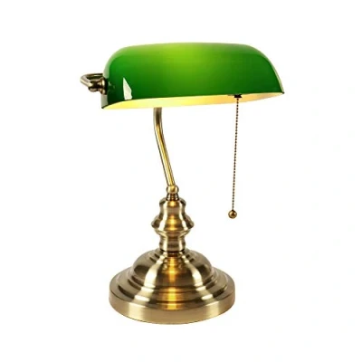 Image of Newrays Green Glass Bankers Desk Lamp with Pull Chain Switch Plug in Fixture,Satin Brass Finish