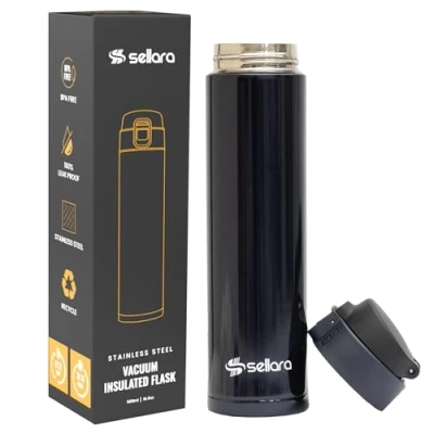Image of SELLARA Double Walled Vacuum Cup Flask Thermo, Stainless Steel Insulated Water Bottle BPA Free Lid for Hot and Cold Drinks Travel Coffee, Sports Bottle, 500ml