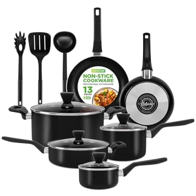 Image of 13 Piece Nonstick Kitchen Cookware Set PTFE/PFOA/PFOS Free Heat Resistant Ware Pots Pan w/Saucepan, Frying Pans, Cooking Pots, Casserole, Lids, Ladle, Fork, Strainer NutriChef NCCWA13