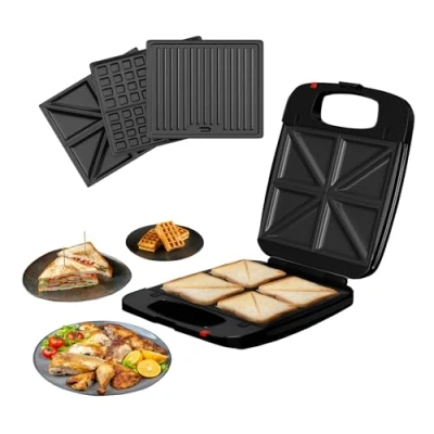 Image of DMD® 3 in 1 Family Toastie Maker Sandwich Toaster, 4 Slice Waffle Maker, Panini Press Deep Filled Removable Plates with Non Stick Coating &amp; Drip Trays 1200W