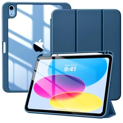 Image of TiMOVO for iPad 10th Generation Case with Pencil Holder 10.9 Inch 2022, Hybrid Slim Tri fold Stand Protective Cover Clear Back 10, Dark Sea Blue