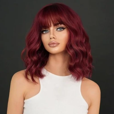 Image of YEESHEDO Short Bob Wigs for Women Natural Curly with Fringe Bangs Heat Resistant Hair Fiber Daily Use or Cosplay Party 16&quot; (Wine Red)
