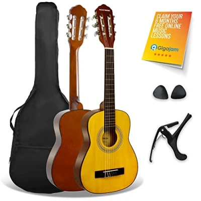 Image of 3rd Avenue XF 1/4 Size Junior Kids Classical Spanish Starter Beginner Pack Acoustic Guitar with Nylon Strings, Gig Bag, Capo and Picks Natural