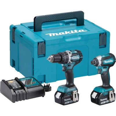 Image of Makita DLX2180TJ 18 V Li ion LXT Brushless 2 Piece Combo Kit comprising DHP484Z and DTD153Z Complete with x 5.0 Ah Batteries Charger Supplied in a Makpac Case