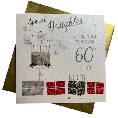 Image of white cotton cards &quot;60 Wishing you a Wonderful Birthday to Special Daughter Handmade 60th Card, White, bdp60 D