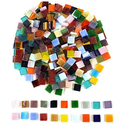 Image of MESOAR 600pcs Square Mixed Color Glass Mosaic Tiles Translucent Stained for Photo Frames, Flower Pots, Mirrors or DIY Crafts