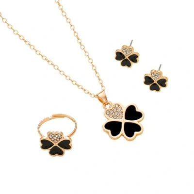 Image of AOWVUTS Jewellery Sets for Women, Four Leaf Clover Necklace Earrings and Ring Set, Pendant with Sparkling Rhinestones, Flower Heart Shape Lucky Gold 3Pcs Gifts (Black)