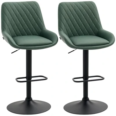 Image of HOMCOM Breakfast Bar Stools Set of 2 with 51x40cm Wide Seat, Height Adjustable Kitchen Counter Chairs, Retro Swivel Upholstered Barstools Back, Footrest and Steel Base, Green