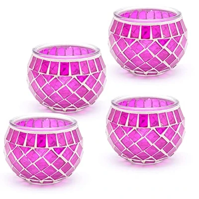 Image of Mosaic Glass Candle Holder Vintage Jar Tealight Holders, Home Decoration with upto 8 Hour Burn Tea Light Candles (Pink 4 Pack)