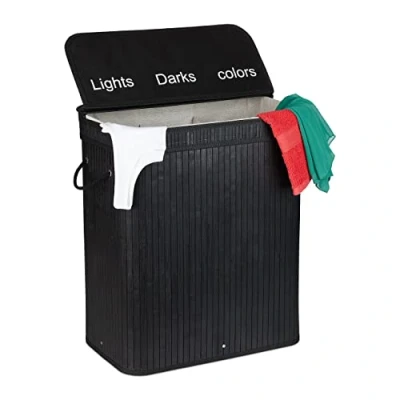 Image of Relaxdays Bamboo Laundry, Clothes Container, 3 Compartments, Folding, Rectangular Basket, 63 x 55 35cm, Black