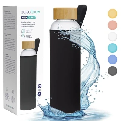 Image of Aquafloow Drinking Bottle Glass 700 ml, Transparent Water Borosilicate with Bamboo Lid and Neoprene Sleeve Ideal for Office, Outdoor, School, Carbonated Drinks black