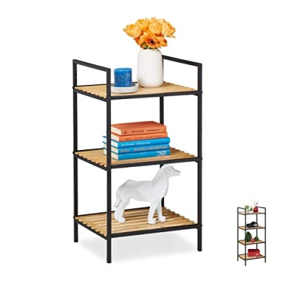 Image of Relaxdays Standing Shelf Unit, 3 Tiers, Bamboo &amp; Metal, Open Bookcase, Hallway, HxWxD: 71 x 39 32.5 cm, Brown Black