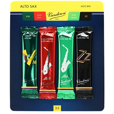 Image of Vandoren SRMIXA35 Alto Sax Jazz Reed Mix Card includes 1 each ZZ, V16, JAVA and Red Strength 3.5