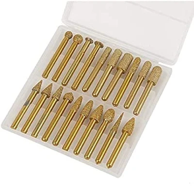 Image of KATSU Diamond Burr Set for Rotary Tool 20PCs 6mm Shank Die Grinder Electro Plated Drill Bits Coarse Grit #46 Engraving Carving Grinding Polishing Sanding 124303