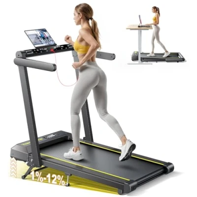 Image of Folding Treadmill with 12% Incline, 4 in 1 Treadmills for Home/Office, Heart Rate, 16KM/H Portable Treadmill, 2.5HP Under Desk Walking Pad, Dual LED Screen, App, Bluetooth Speaker (Black Incline)