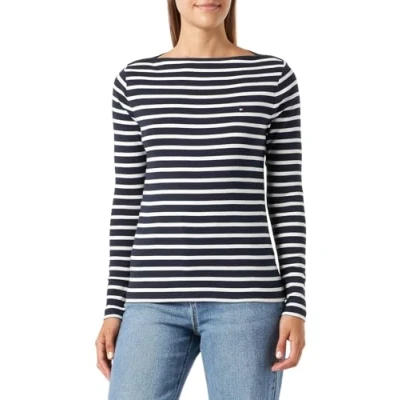 Image of Tommy Hilfiger Women&#039;s Long Sleeve Slim Cody T Shirt Rib Cotton, Multicolor (Breton Desert Sky/Ecru), M
