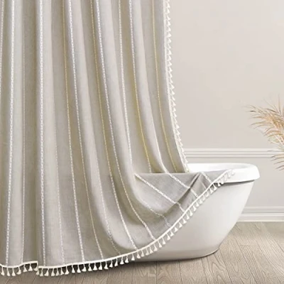 Image of Awellife Boho Farmhouse Shower Curtain Beige Thick Cotton Linen Fabric Luxury French Country Bathroom Curtains Set Modern Bohemian Chic, 54x78