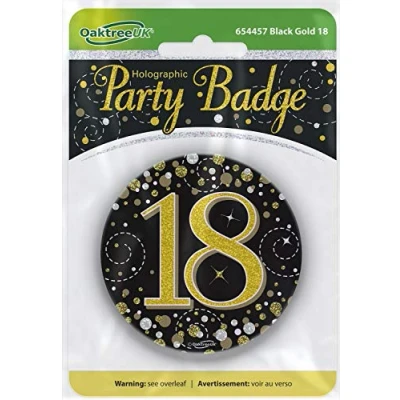 Image of OakTree 3&quot; Badge 18th Birthday Sparkling Fizz Black Gold Holographic