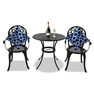 Image of Homeology PREGO Garden &amp; Patio Table 2 Large Chairs with Armrests Cast Aluminium Bistro Set Black
