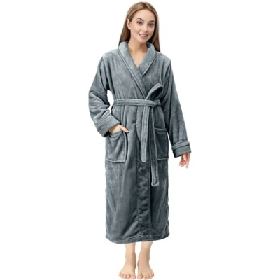 Image of NY Threads Women Fleece Shawl Collar Bathrobe Plush Long Robe, Dark Grey, Large