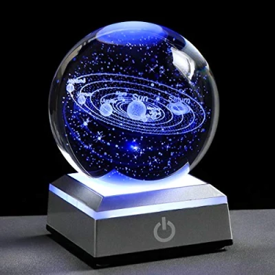 Image of None 3.15 inch Solar System Crystal Ball 3D Planets Sun Globe with Silver LED Base Ornament for Kid&#039;s Room(Silver base)