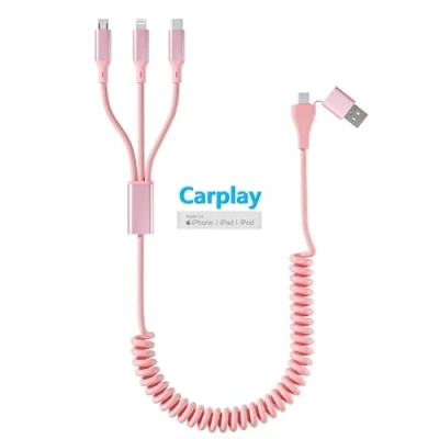 Image of Coiled Lightning Cable for Apple Carplay [MFi Certified] Multi Charging with Data,USB A/C to iPhone Car Charger Cord (Not compatible 15 &amp; Android Auto), Pink