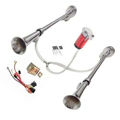 Image of YIYIDA Car horn Air Electric 12V ship Zinc Chrome Silver Twin Double tube Kit 170Db Auto Truck Alarm Speaker with red Pump for lorry moto SUV etc