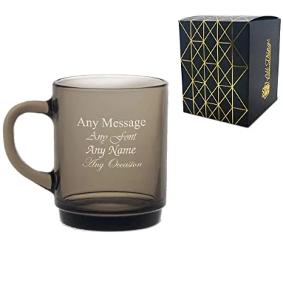 Image of Personalised Engraved 260ml Retro Smoked Glass Tea and Coffee Mug with Gift Box