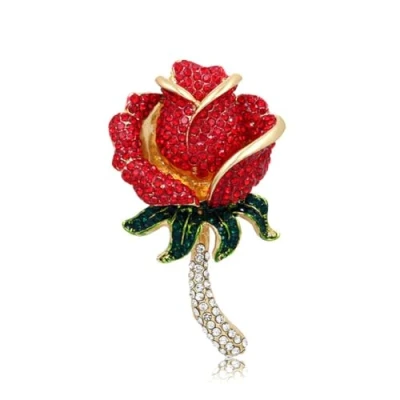 Image of Rhinestone Red Rose Flower Brooch Pin for Women Men Crystal Floral Bling Dress Accessories Jewelry Wedding Gifts