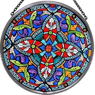 Image of Decorative Hand Painted Stained Glass Window Sun Catcher/Roundel in an Ornate Quatrefoil Design