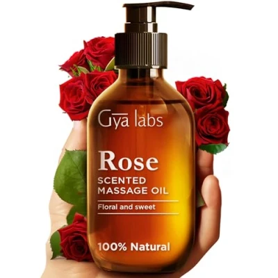 Image of Gya Labs Rose Massage Oils for Therapy Rejuvenating Aromatherapy Body Oil Men &amp; Women Crafted with Jojoba, Argan, Sunflower, Sweet Almond Otto (200 ml)