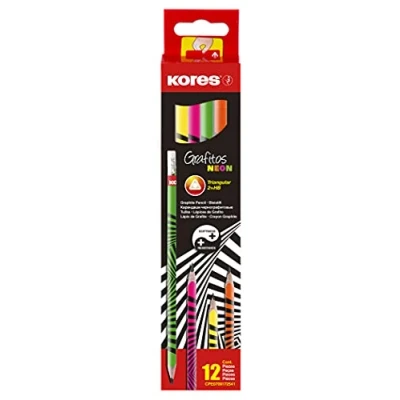 Image of Kores Graphite Pencils Set Grafitos Neon Pencils, HB, Soft, Triangular Drawing HB Pencil Set, Art Supplies Pack of 12 with Rubber