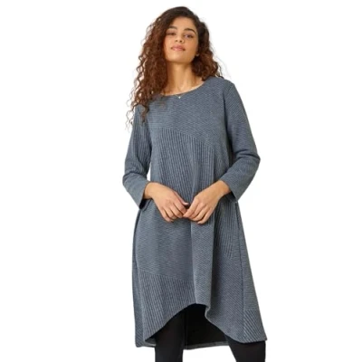 Image of Roman Womens Ribbed Asymmetric Stretch Dress Dark Grey Size 16 UK