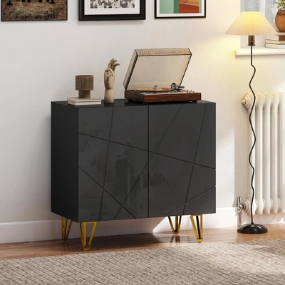 Image of HOMCOM Storage Cabinet with High Gloss, Freestanding Sideboard Adjustable Shelf, Soft Close Doors and Gold Tone Hairpin Legs for Living Room, Dining Hallway, Black