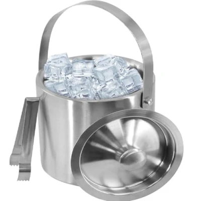 Image of NOBEL Stainless Steel Ice Bucket, Double Walled Container with Lid and Tong.Mirror Poliched Insulated Cubes Bucket Carrying Handle.