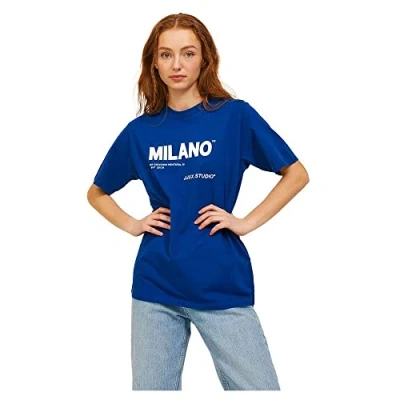 Image of JJXX Women&#039;s Jxbea Ss Relaxed Vint Tee Noos T Shirt, Sodalite Blue/Print: Bright White Milano Print, S