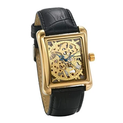Image of JewelryWe Mens Watches Automatic Mechanical Watch Skeleton Square Dial Leather Wrist