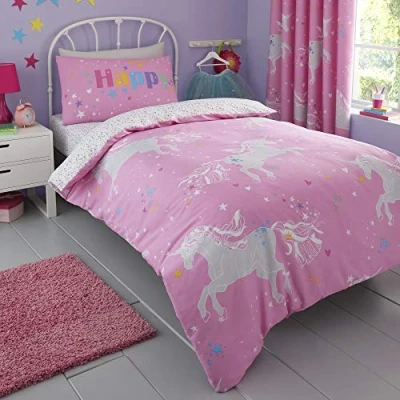 Image of Bedlam Unicorn Glow Childrens in the Dark Duvet Cover Set Double Bed Size Pink
